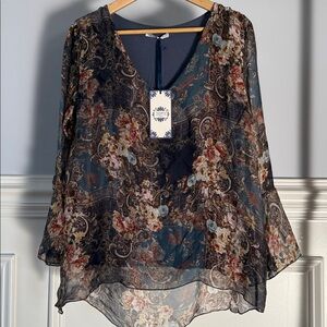 NWT TEMPO PARIS Flowy Semi-Sheer Layered Floral SILK Summer Blouse Italy M / L